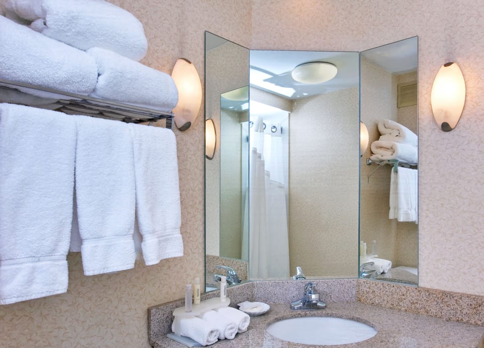 Combined shower/tub, eco-friendly toiletries, hair dryer, towels