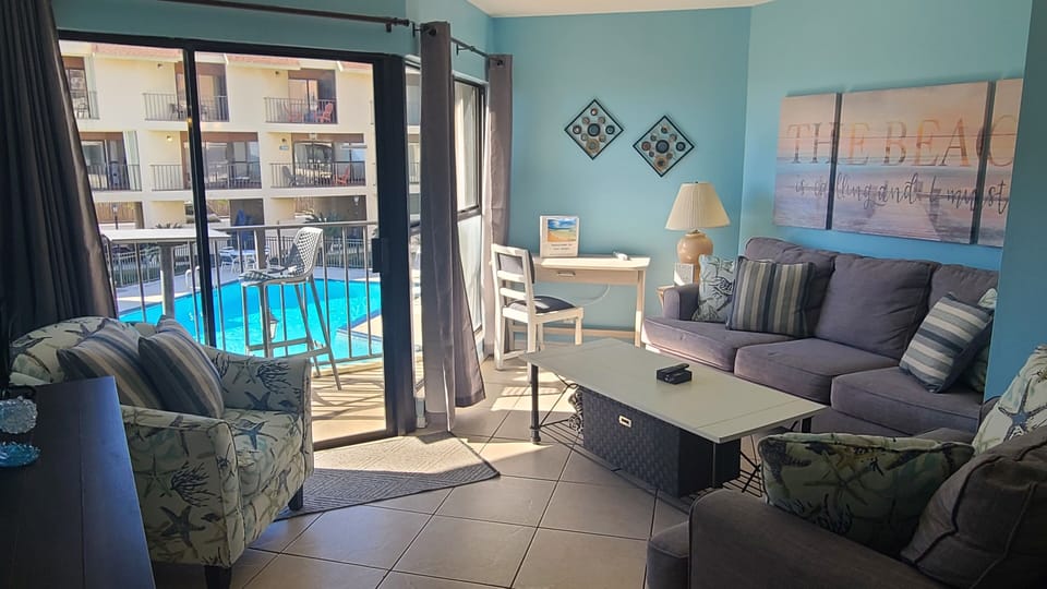 Great view of the pool from the living room or balconies. 