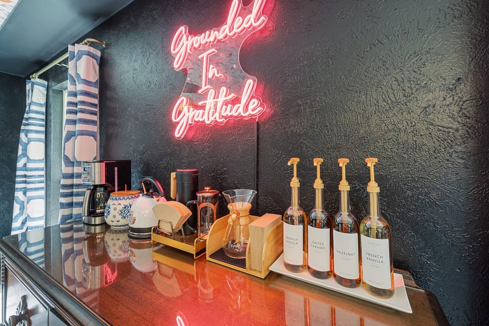 Lavish coffee bar w/ French press, Pour-over option, and flavored syrups!!