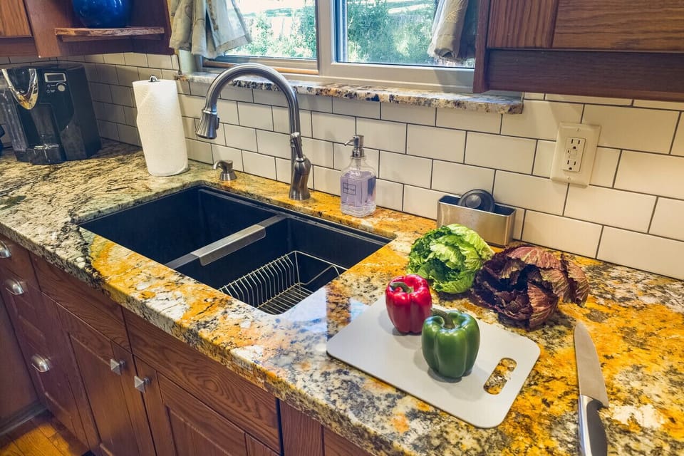 The chef`s kitchen has plenty of space for food prep