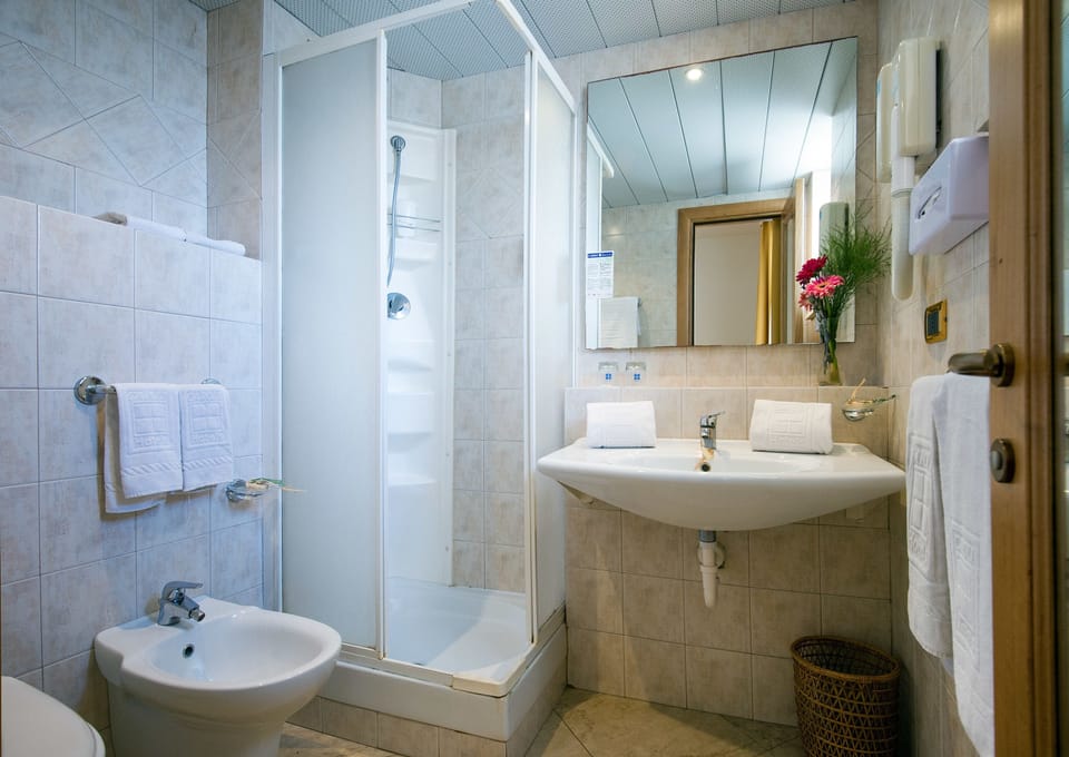 Combined shower/tub, free toiletries, hair dryer, bidet