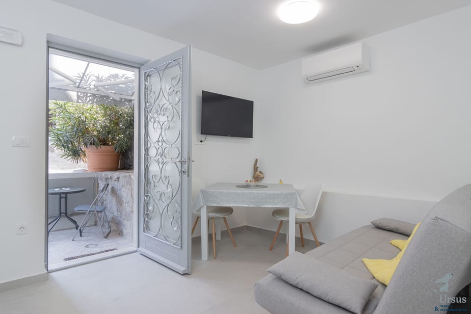 Living/dining area overlooking the small outdoor area