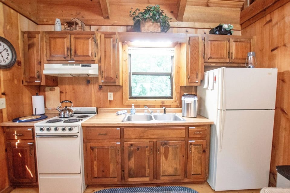 Kitchenette has everything you need even a countertop ice machine. The door to the left of the picture goes out to the side deck, uncovered.