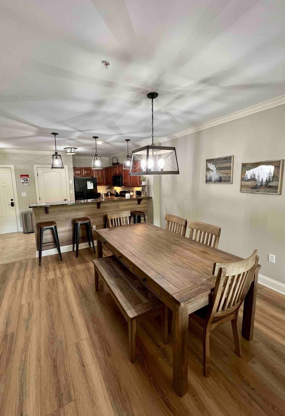 Dining Table with 4 chairs and a bench 4 Bar Stools
