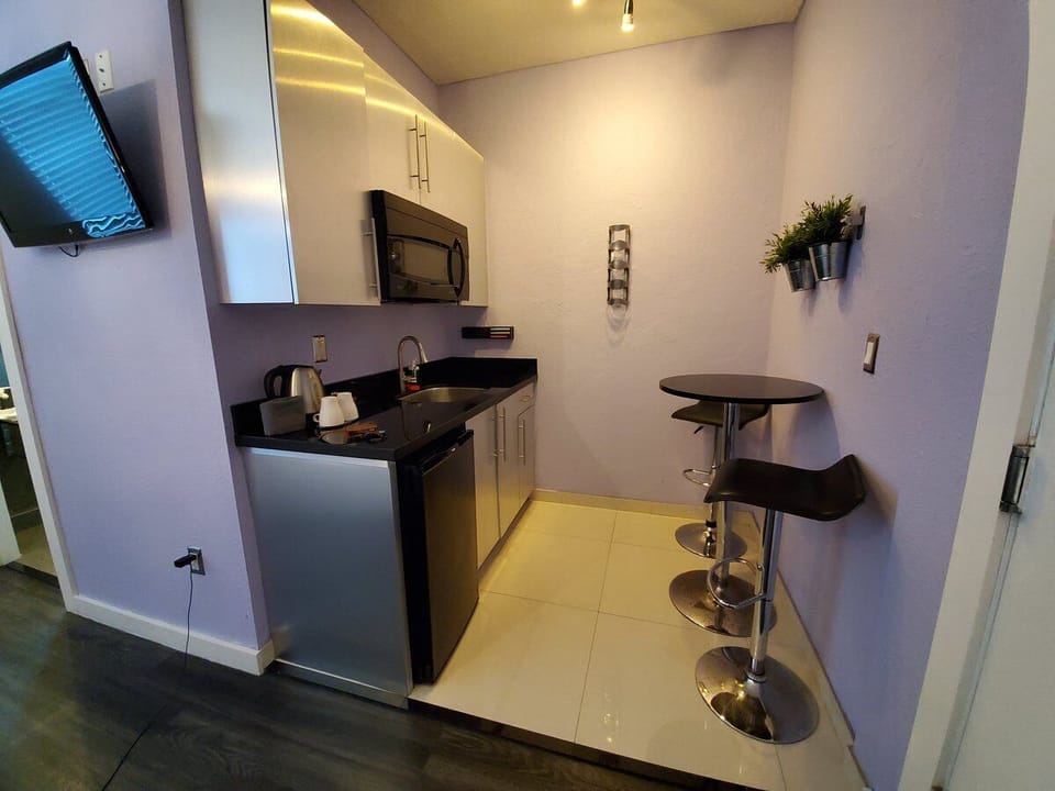 Mini-fridge, microwave, coffee/tea maker