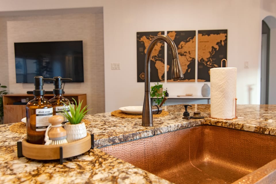 Fully-equipped with stainless steel appliances, plus seating for 4 at bar.