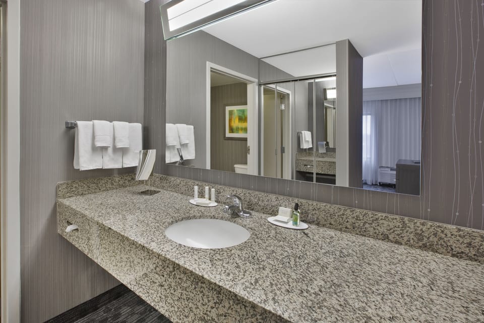 Combined shower/tub, free toiletries, hair dryer, towels