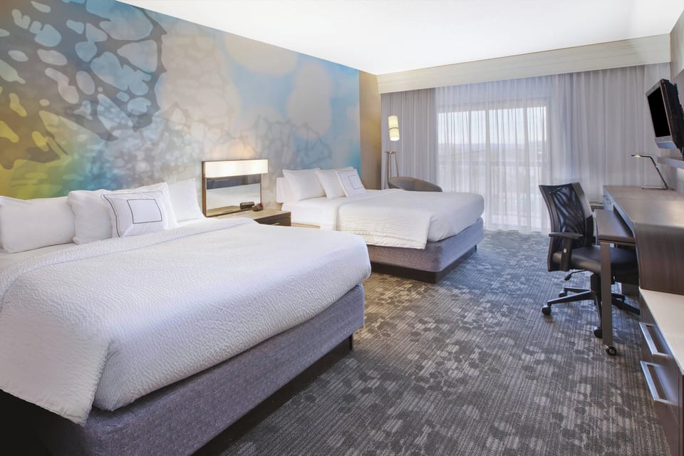 Room, 2 Queen Beds | Desk, laptop workspace, blackout drapes, iron/ironing board