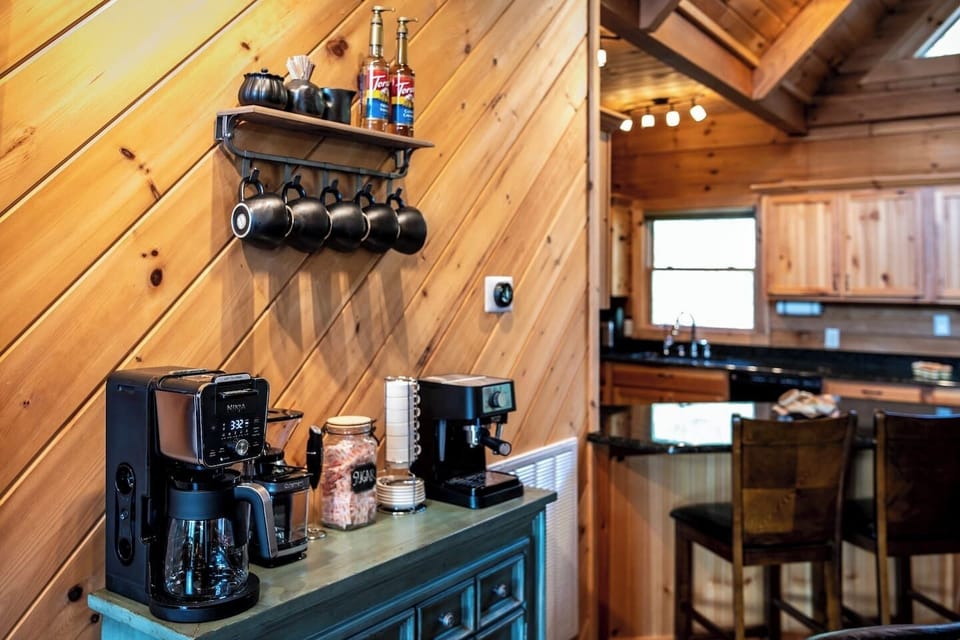 COFFEE BAR with Ninja Dualbew for carafe or K-cups, Burr Coffee Grinder, ESPRESSO MACHINE with steamer and frother, French Press, and a selection of syrups for coffee house creations right from home!