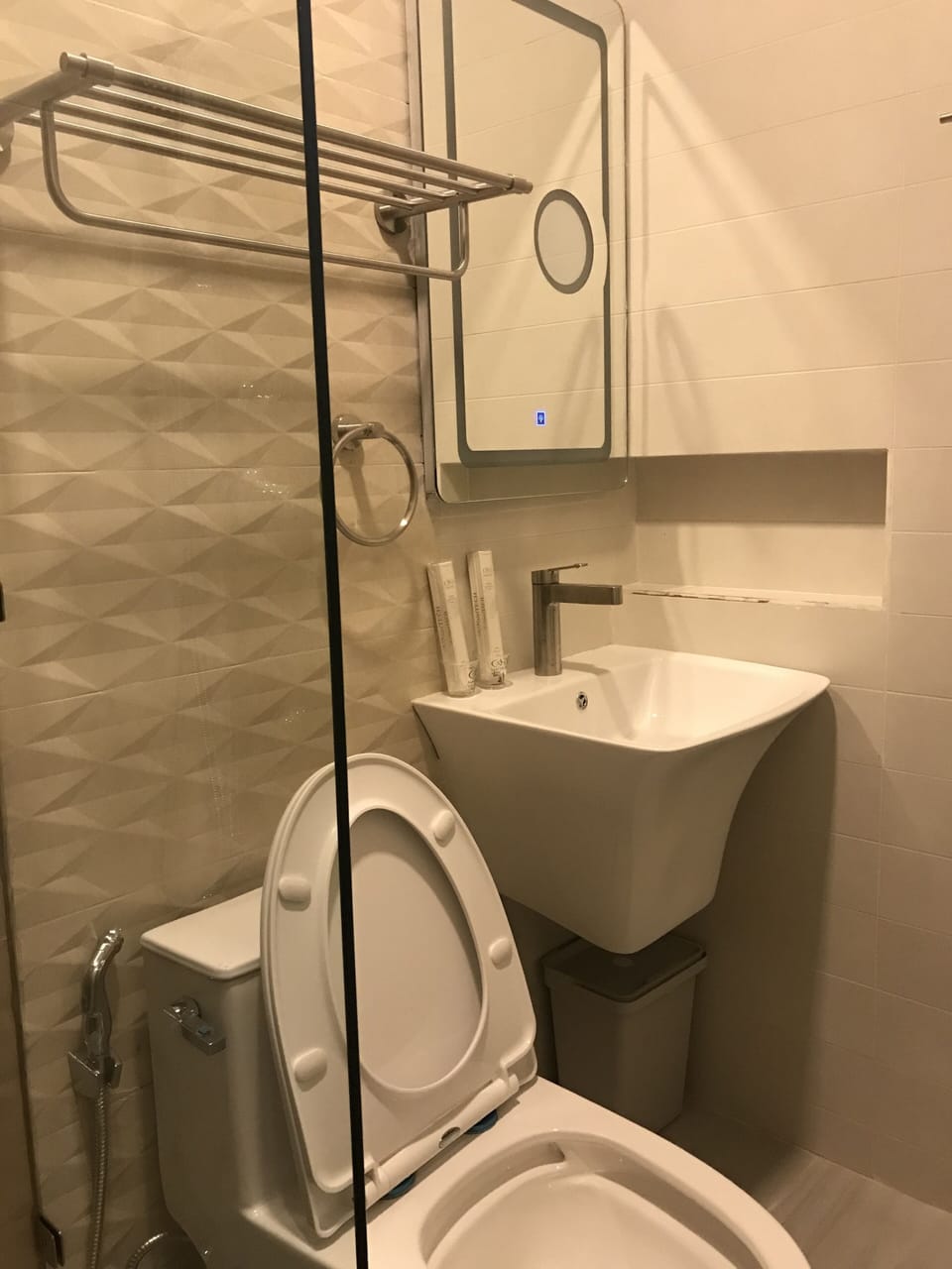 Shower, rainfall showerhead, hair dryer, slippers