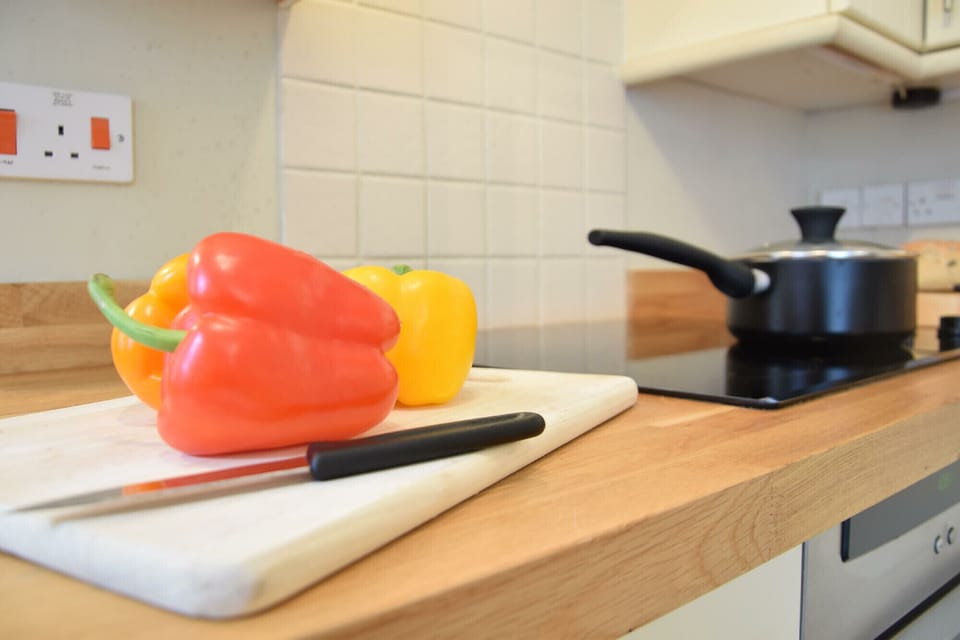 Fridge, microwave, dishwasher, cookware/dishes/utensils