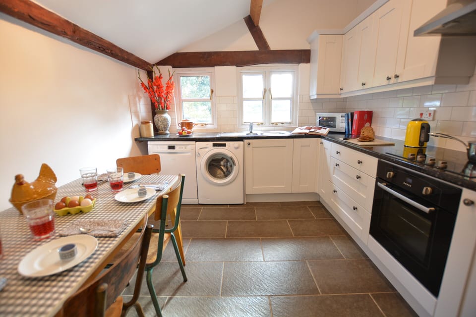 Fridge, microwave, dishwasher, cookware/dishes/utensils