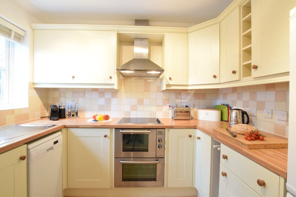 Fridge, dishwasher, cookware/dishes/utensils