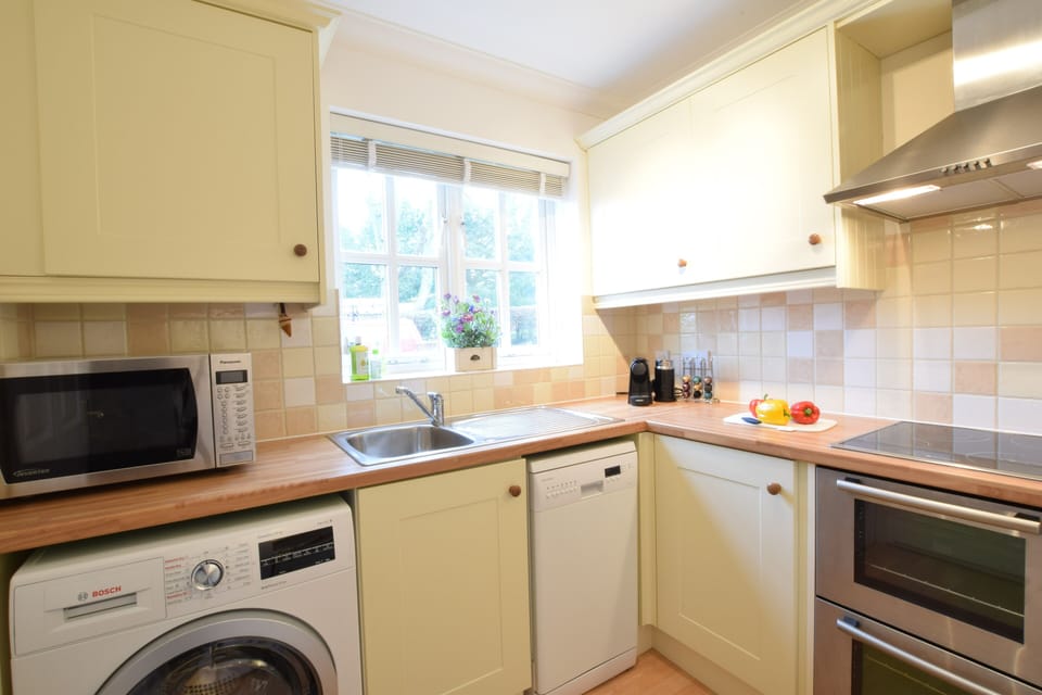 Fridge, dishwasher, cookware/dishes/utensils