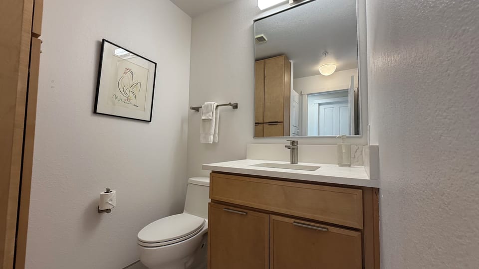 Blue Mesa 4 Main Floor Half Bath - Telluride Ski Rental - The main-floor half bath at Blue Mesa 4, with a quartz vanity, maple cabinetry, and the full-size washer and dryer in the adjoining closet. Laundry detergent and dryer sheets provided, so a ski week never needs a laundromat.