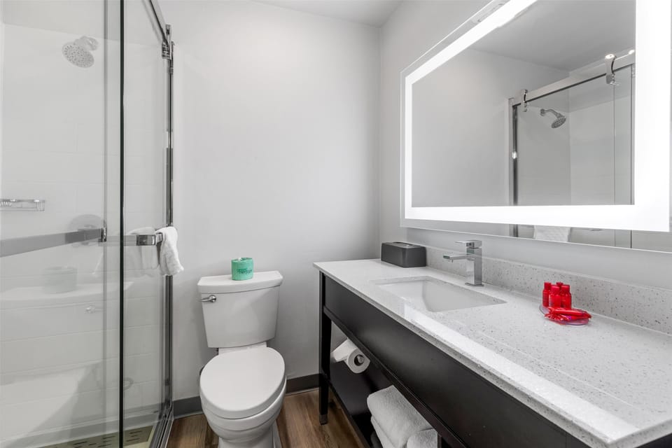 Combined shower/tub, rainfall showerhead, free toiletries, hair dryer