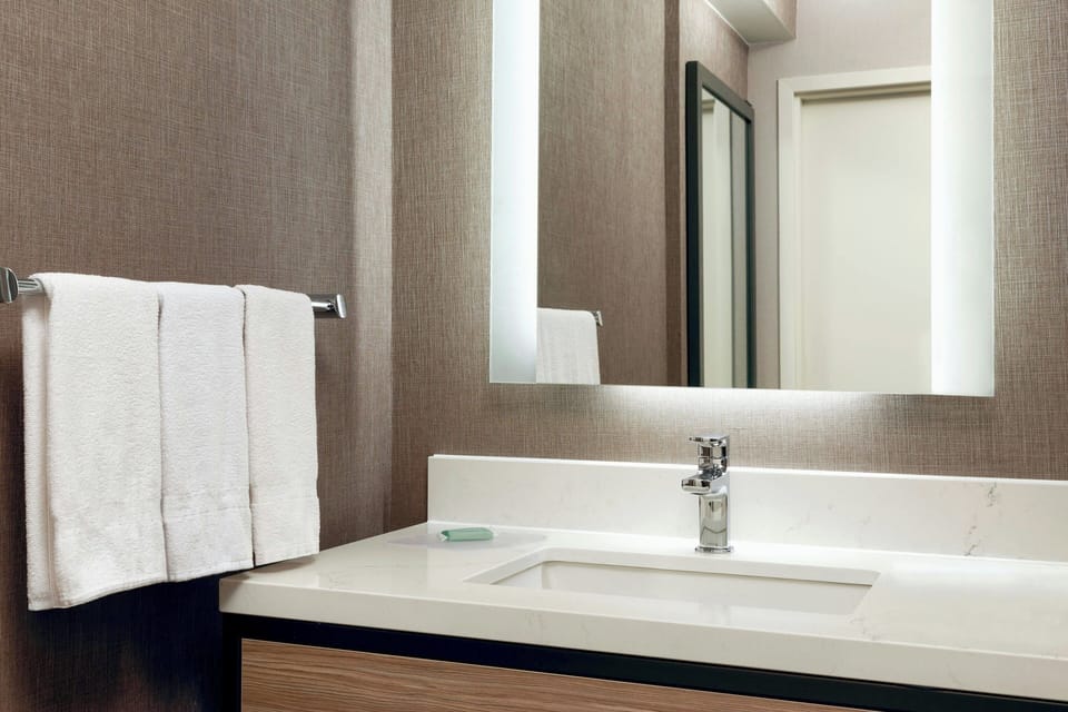 Combined shower/tub, free toiletries, hair dryer, towels