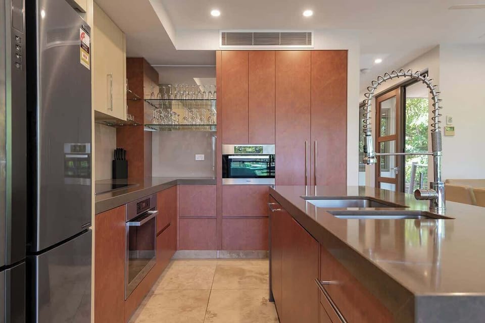 The kitchen is fully-equipped for your holiday catering with all the essentials—plus a Nespresso machine and dishwasher.