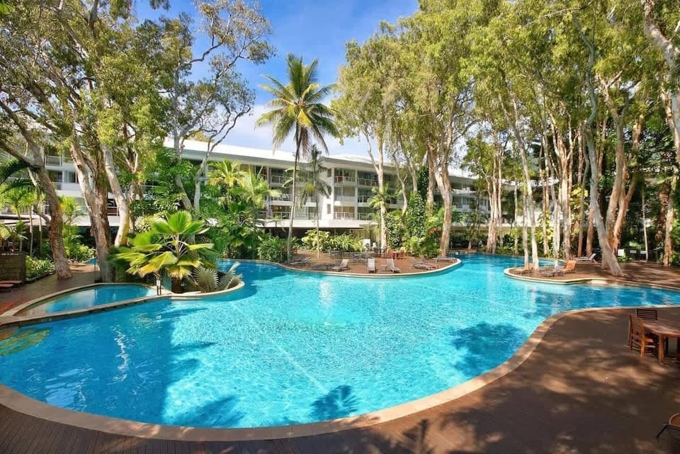 The lagoon-style pool is enjoyed by both adults and children with a shallow end, perfect for families