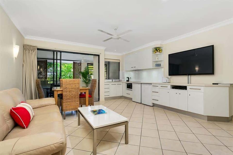 The living area is set with a plush leather lounge where you can watch a spot of TV in air-conditioned comfort.