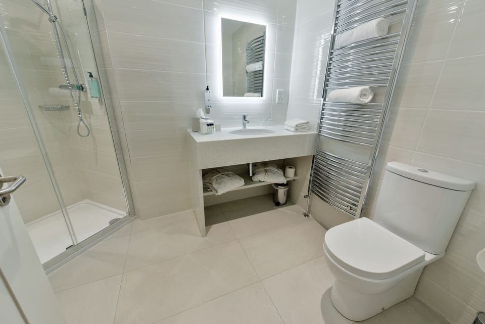 Combined shower/tub, free toiletries, hair dryer, towels