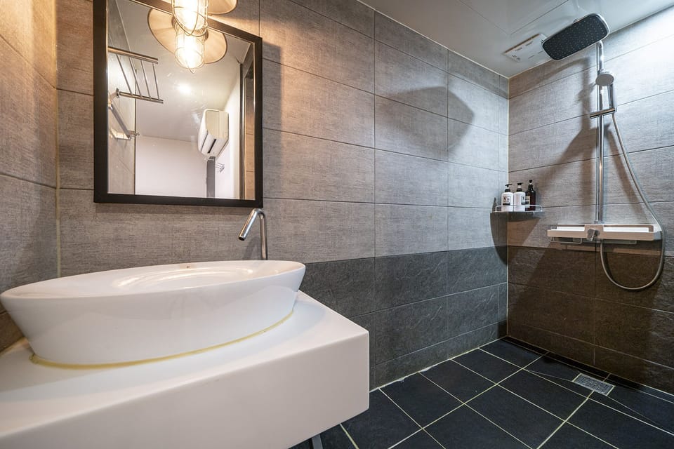 Separate tub and shower, free toiletries, hair dryer, bathrobes