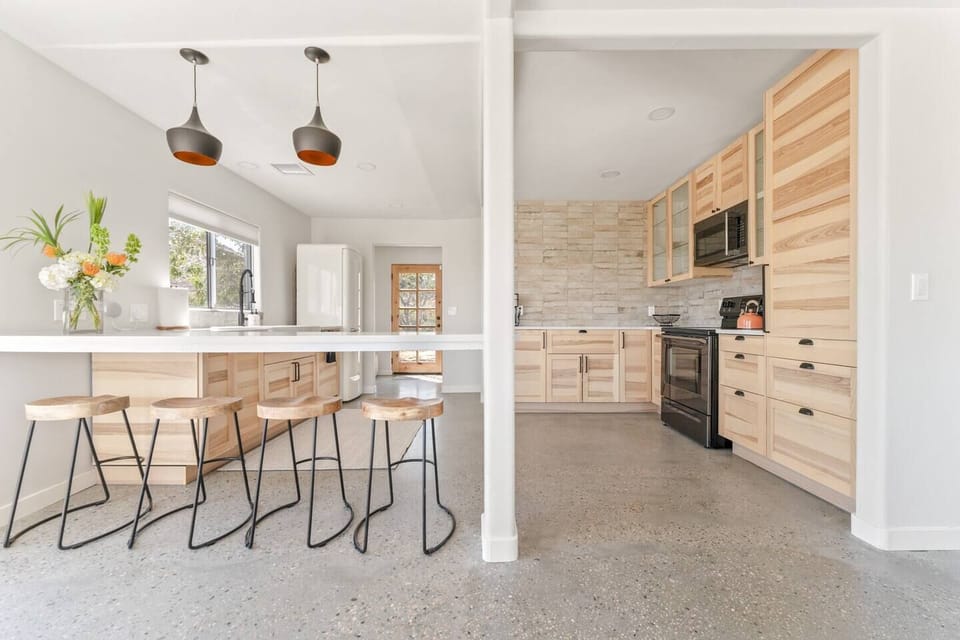 View of kitchen from dining area