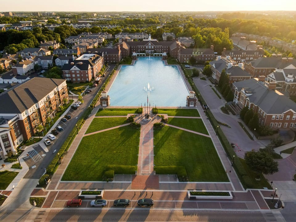 Aerial view of serene park and water features