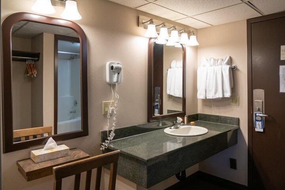 Freshen up in the bathroom after a day of adventure.