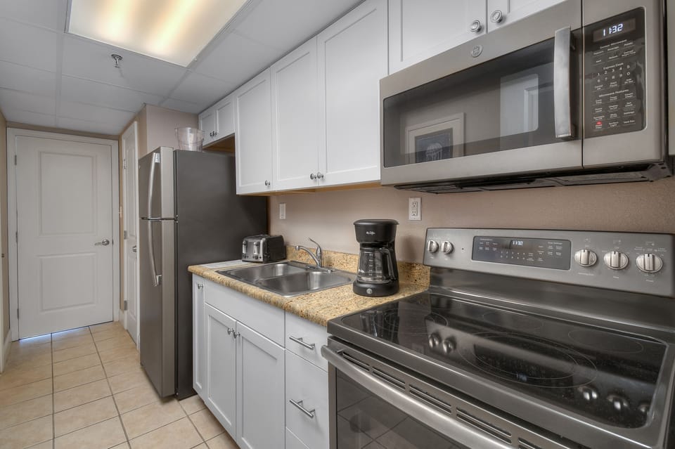 An updated kitchen makes preparing meals a breeze.