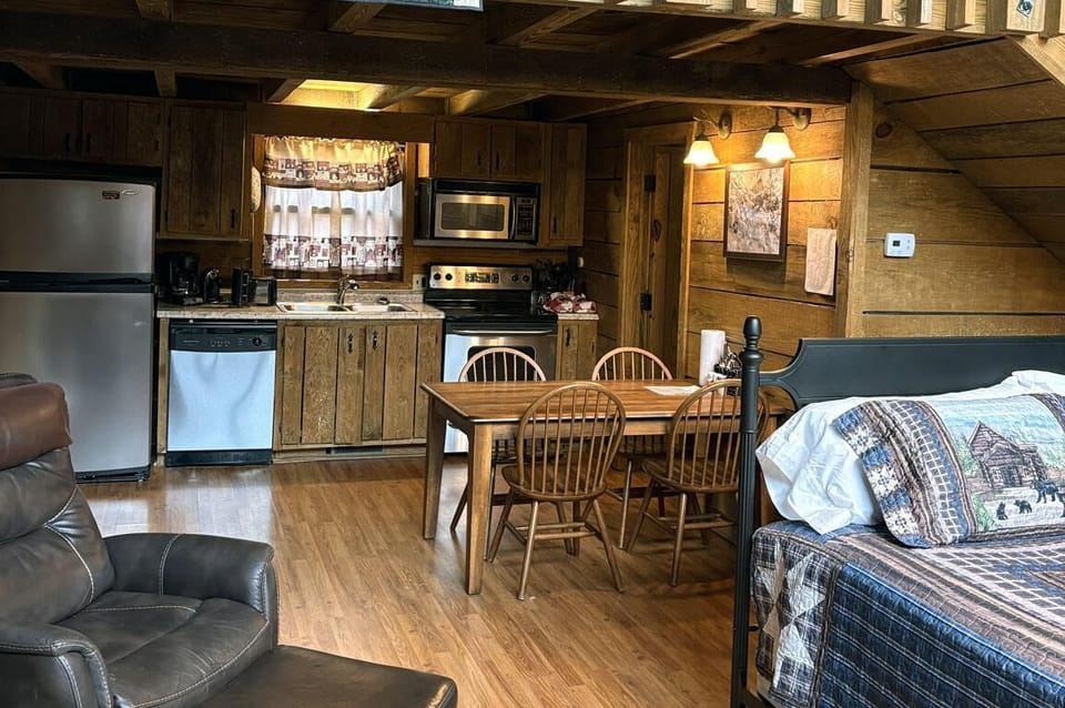 Cozy cabin kitchen and dining area with rustic charm