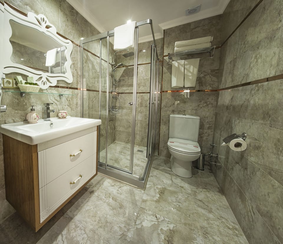 Shower, free toiletries, hair dryer, slippers