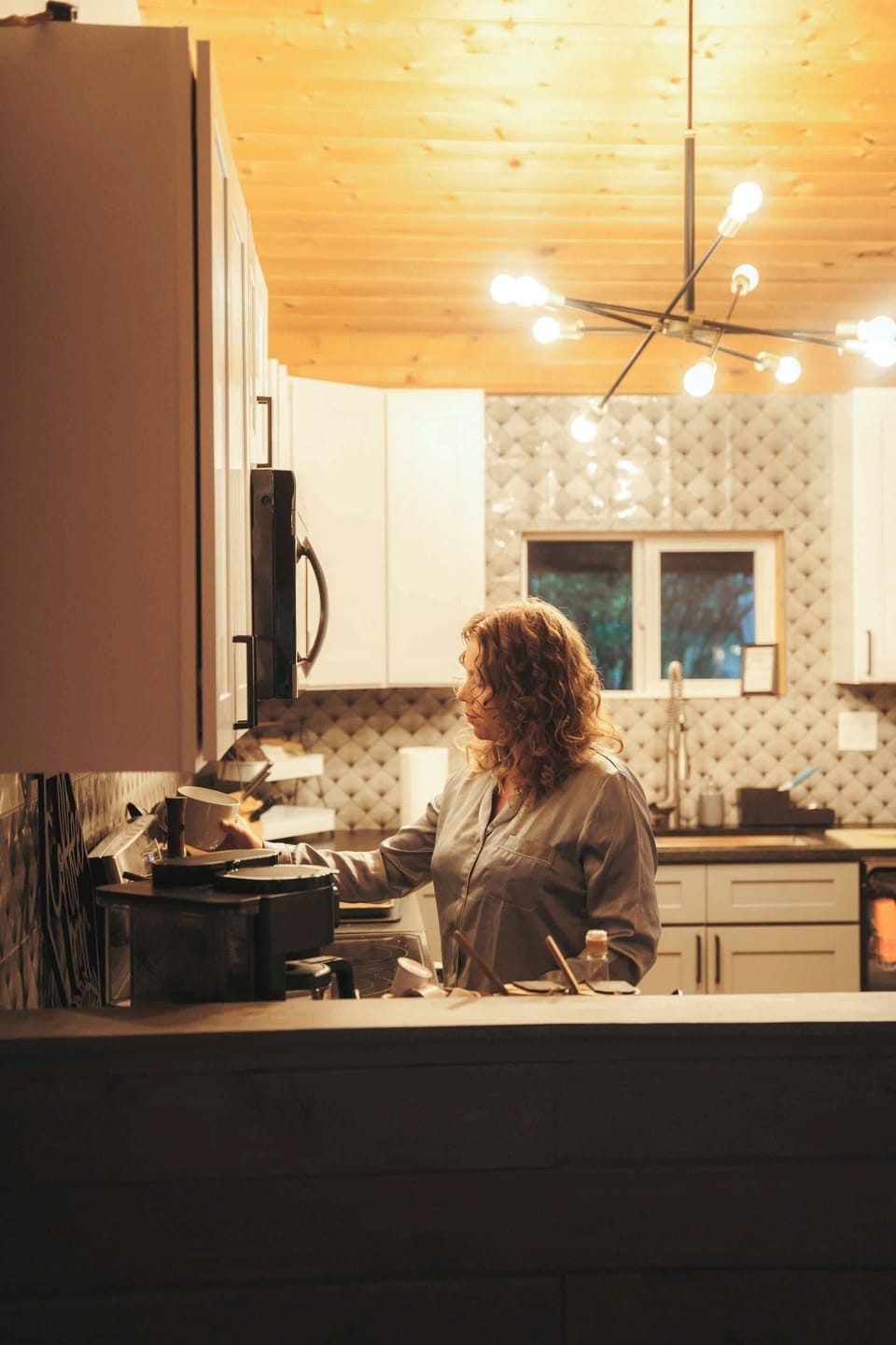 Morning coffee in the log cabin.