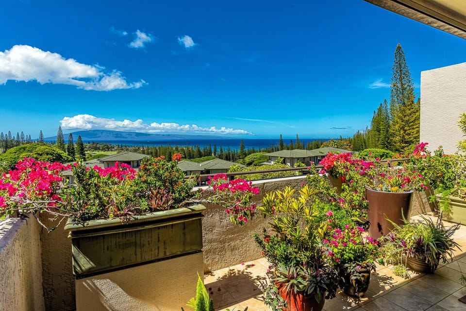 Stunning ocean and mountain views frame this sun-drenched terrace, adorned with vibrant tropical blooms. Your peaceful retreat awaits with breathtaking natural scenery stretching to the horizon.