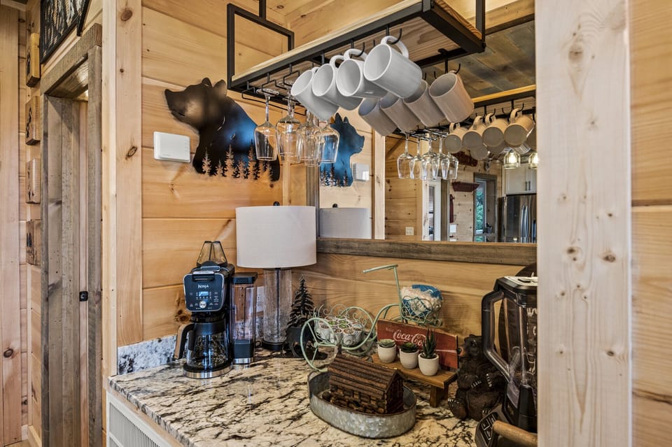 Coffee station helps manage kitchen traffic.