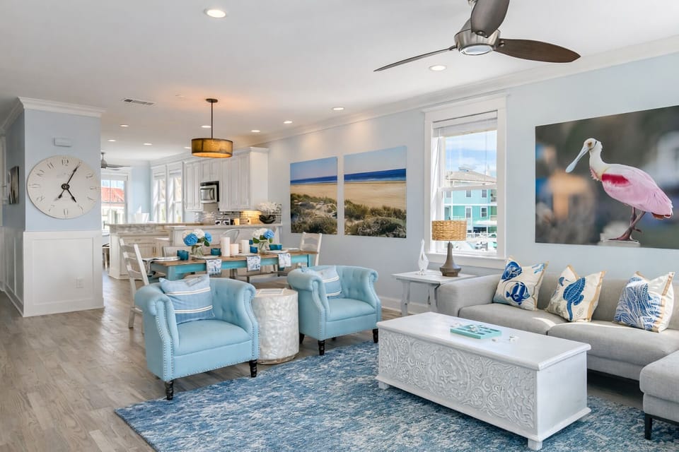 Bright open-concept living room with ocean views — perfect for relaxing, entertaining, and family gatherings