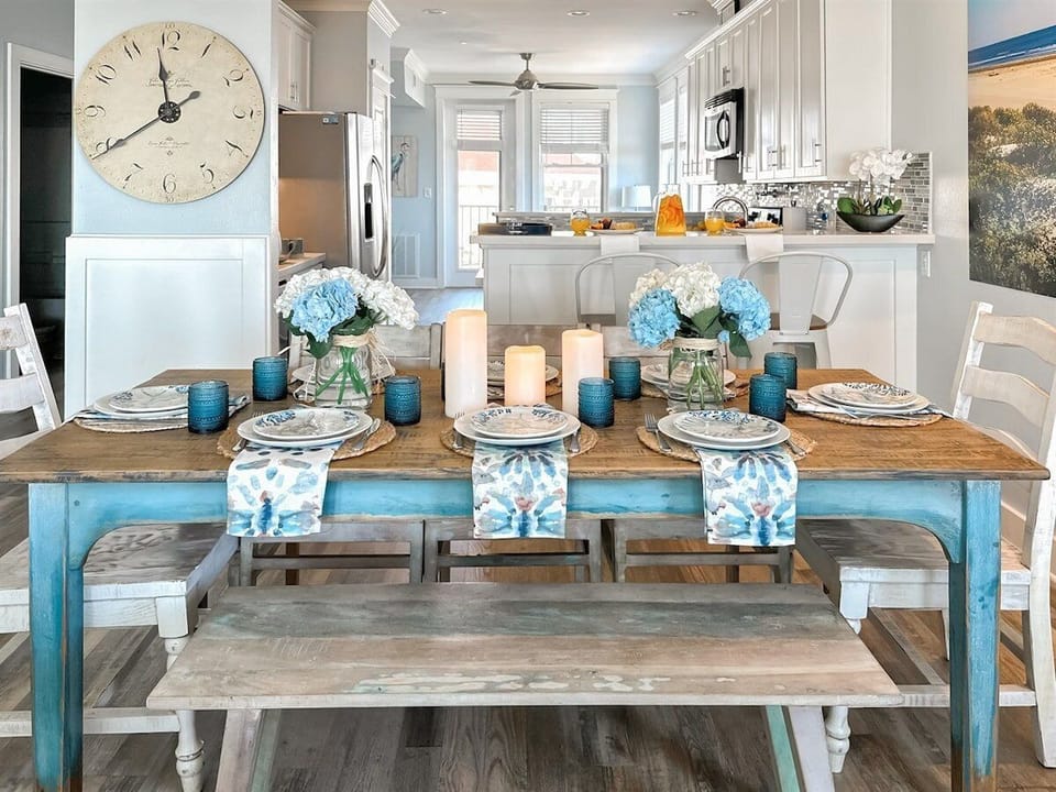 Large dining table with seating for 8 people, enough for the entire group — perfect for shared meals