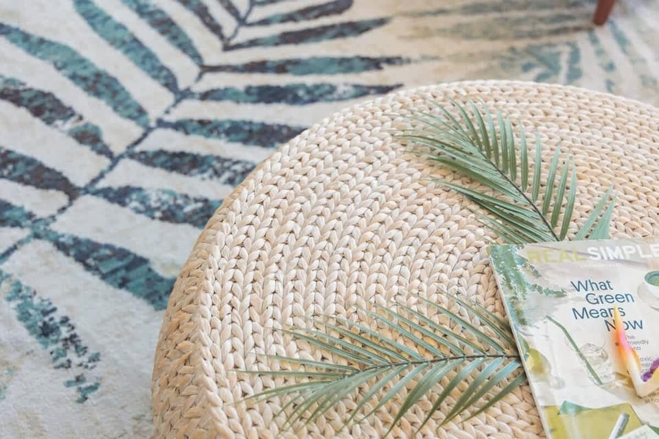 Rattan round coffee table in the living room.