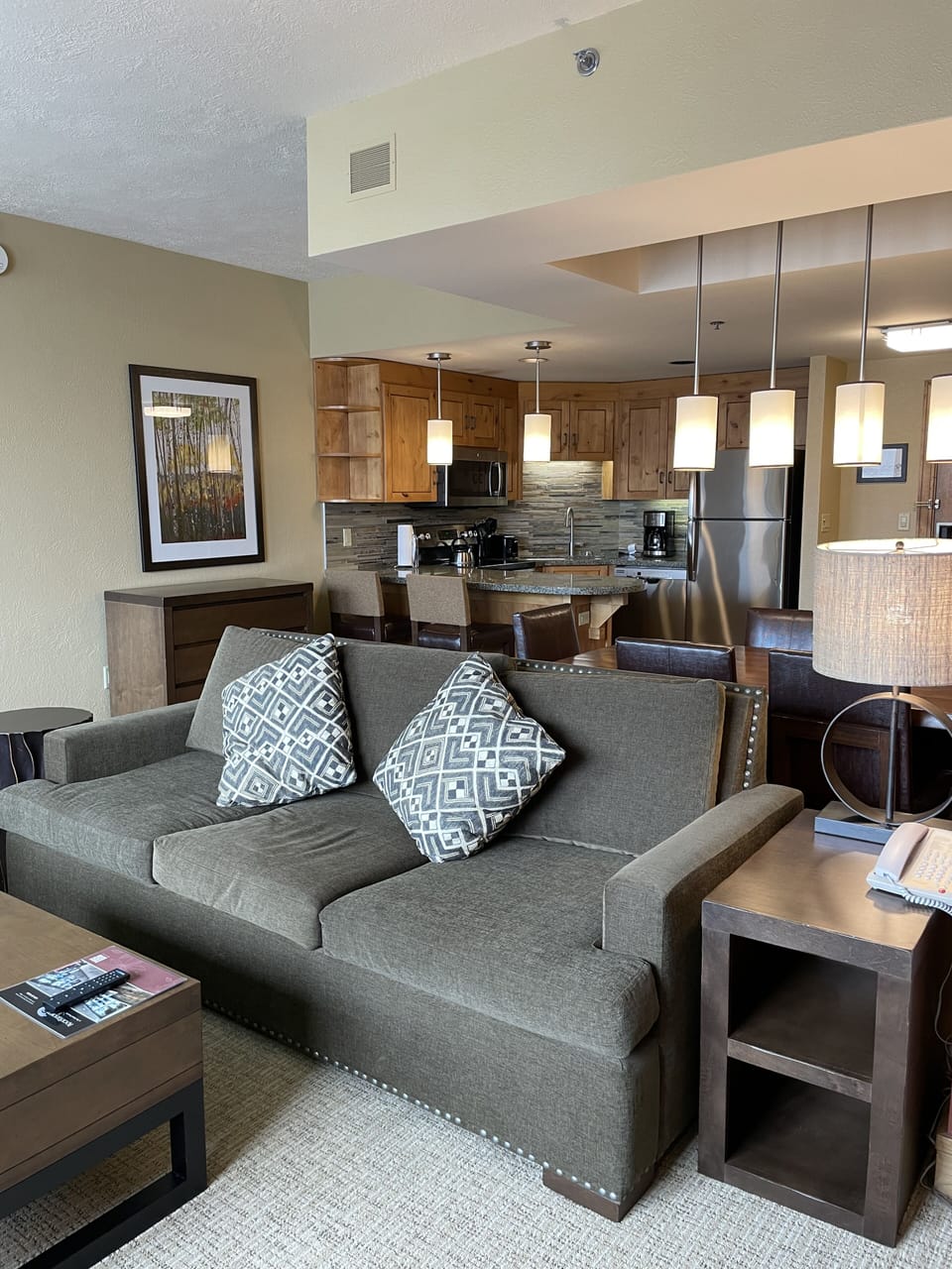 Open-concept layout connecting the living room, dining area, and kitchen—great for relaxing together after a day out.