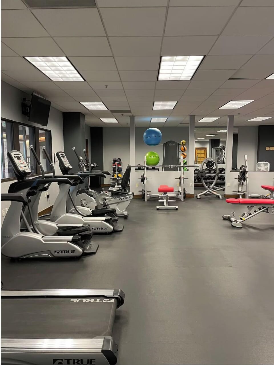 Fully equipped fitness center with cardio machines, free weights, and strength equipment.
