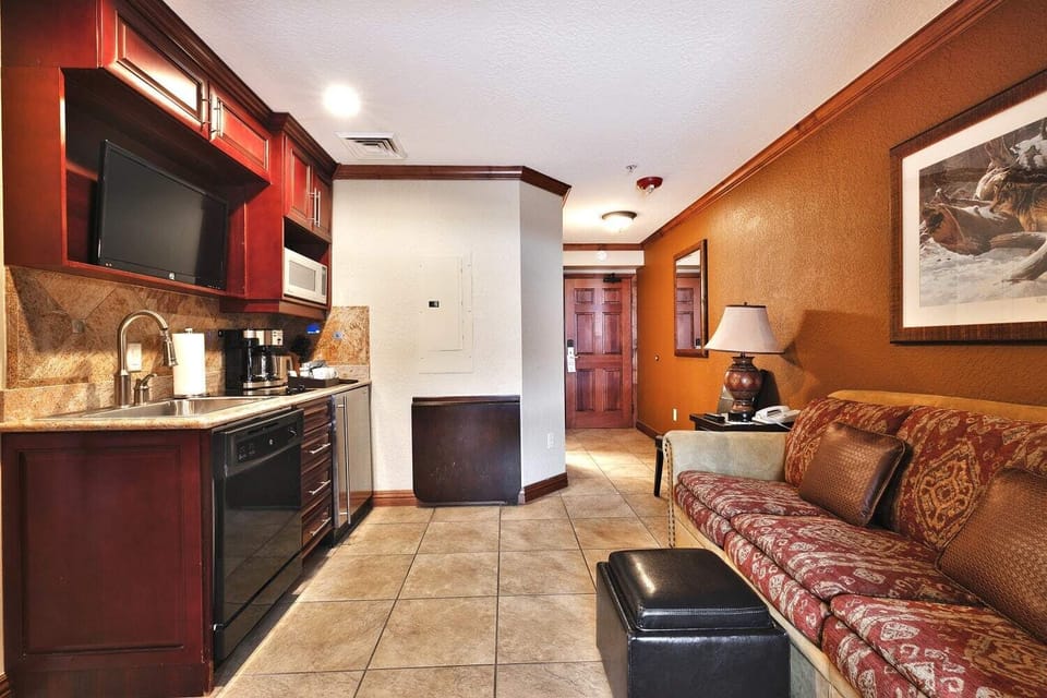- Modern kitchenette with stainless steel appliances  
- Sofa seating area opens into bedroom space  
- Convenient setup for extended stays with family
