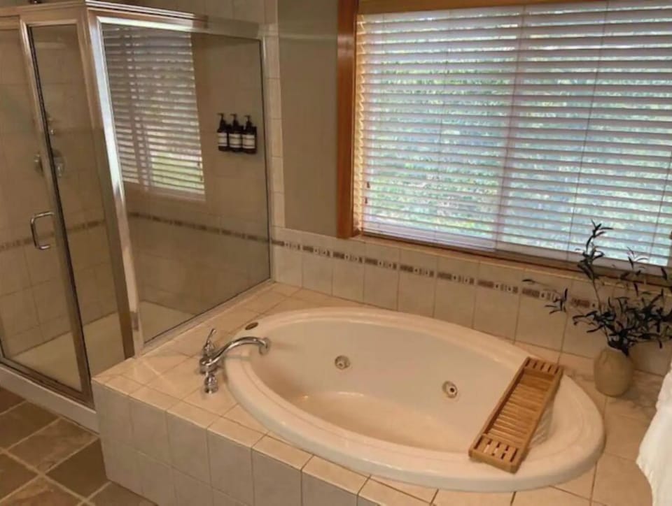 Clean, spacious master bathroom with walk-in shower and separate tub