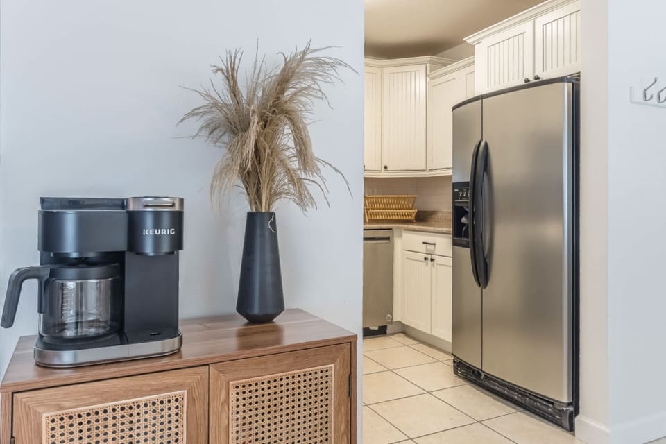 Coffee & snack station w/ storage and decorative accents