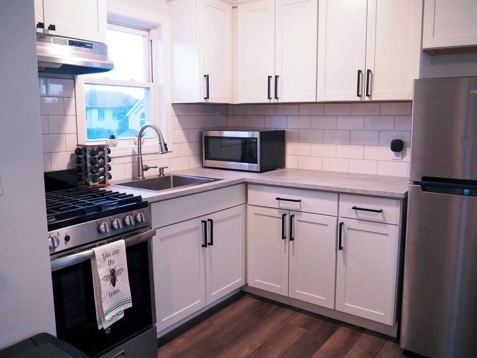 Our kitchen comes fully stocked with a microwave, range, fridge/freezer, and toaster.
