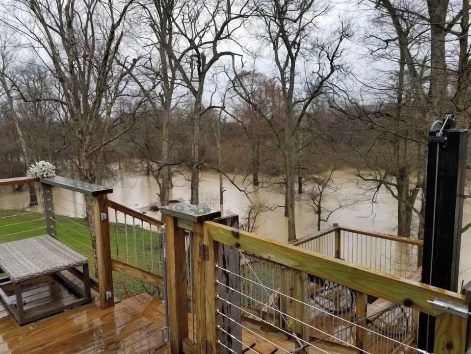 Winter view with river up really high ( unusually high ) 
