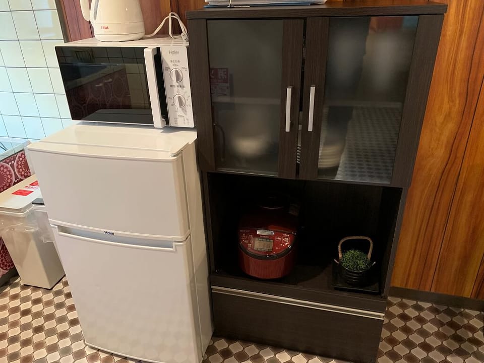 Fridge, microwave, stovetop, electric kettle