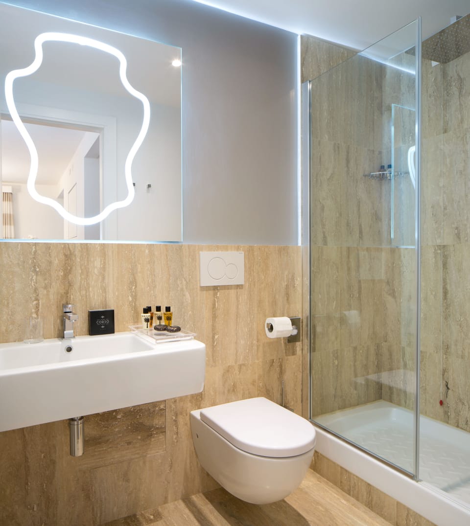 Shower, hair dryer, towels