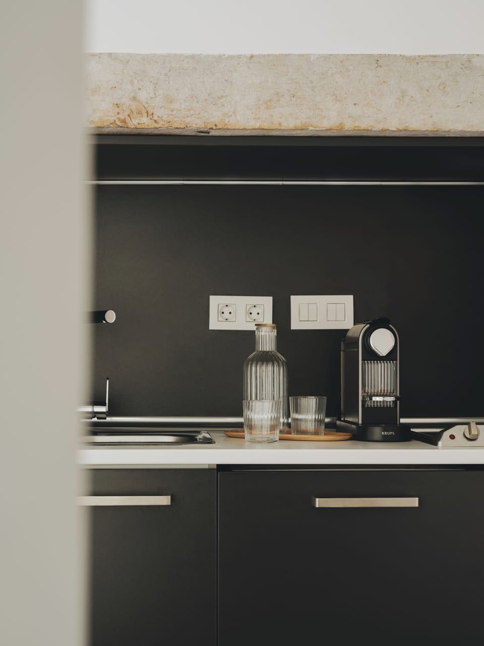 Fridge, microwave, stovetop, espresso maker
