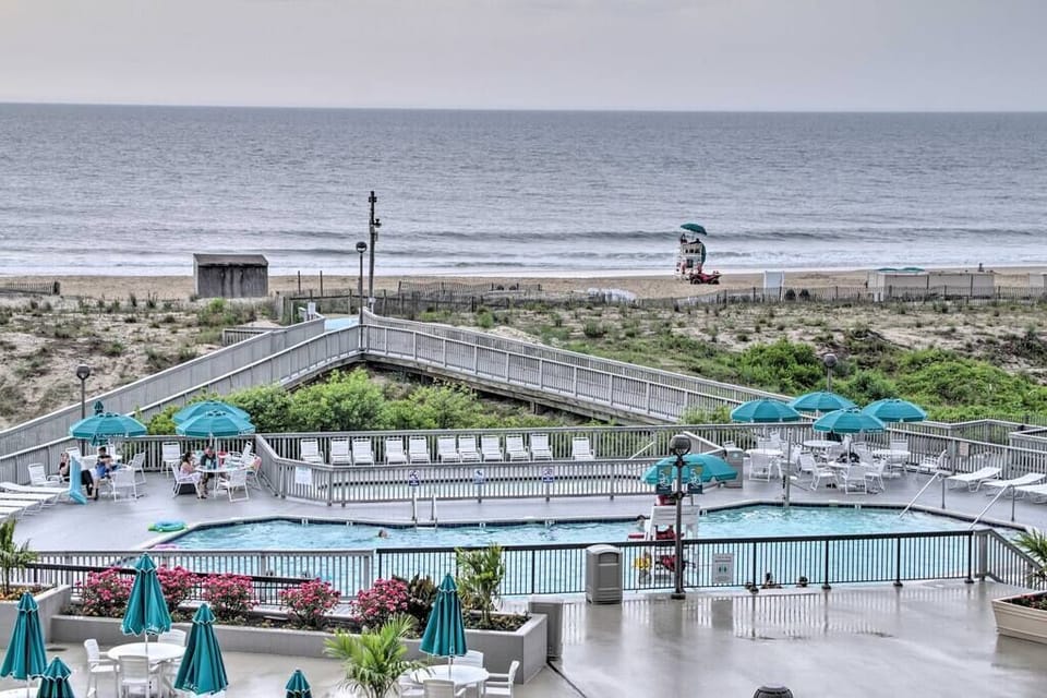 View from balcony overlooking Edgewater pool and beach.