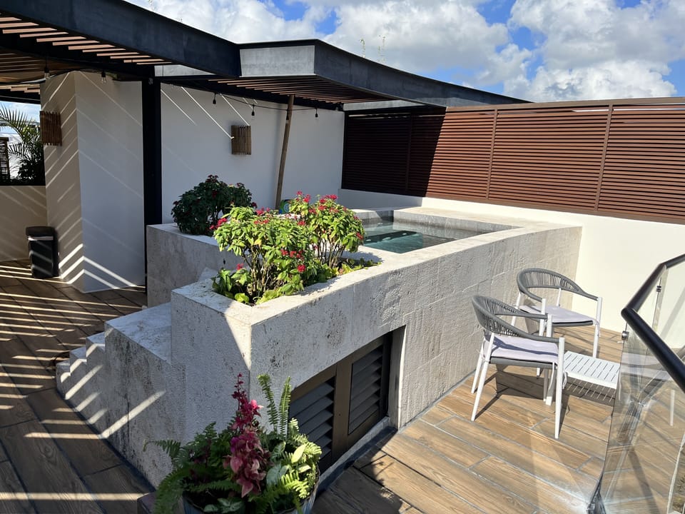 Private rooftop terrace with plunge pool and sun loungers